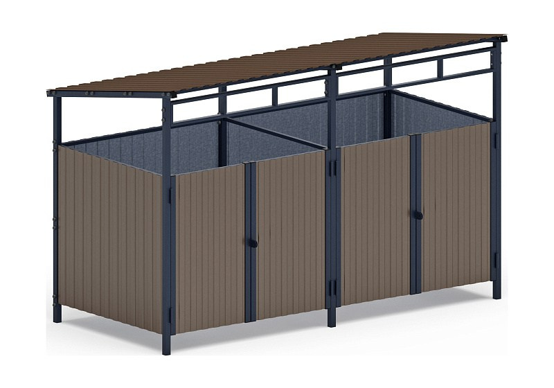Навес контейнерной площадки для мусора (коричневый) (2 секции) МФ 55.02.02-02 Габариты (ШхДхВ): 1600х3400х2200 Зона безопасности, мм: 4600х6400