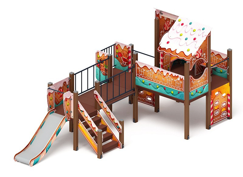 Теремок (Пряничный домик) - ДИК 1.07.01-02 - Игровой комплекс H=900                                                                                           Габариты (ШхДхВ): 680x3280x2990                                                                                                                                                                         Зона безопасности, мм: 9580х6280                                                                                                                                                                        Скат горки: H=900 (металлический скат)