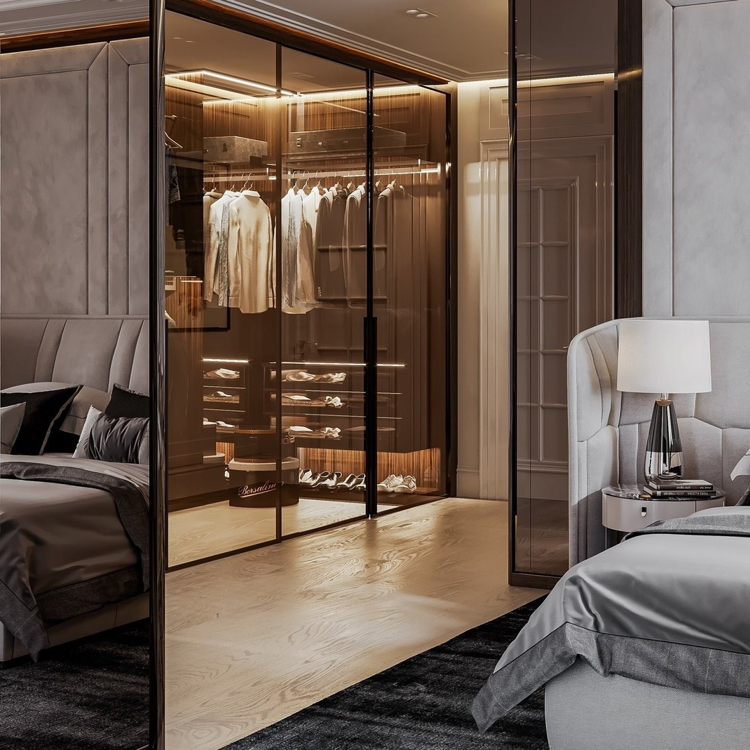 Спальня с гардеробной за стеклянной перегородкой и теплой подсветкой | Валерия Котович