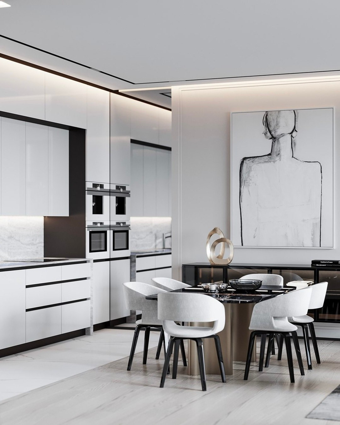 Кухня и столовая зона в бело-черных тонах — дизайн Валерии Котович