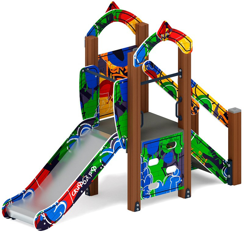 Горка Малыш (Граффити) - ИО 41.01.01-03 - Н=750 Габариты (ШхДхВ): 850x2670x2000 Зона безопасности, мм: 6170х3850 Скат горки: H=750 (металлический скат) Возрастные ограничения от 3 до 10 лет