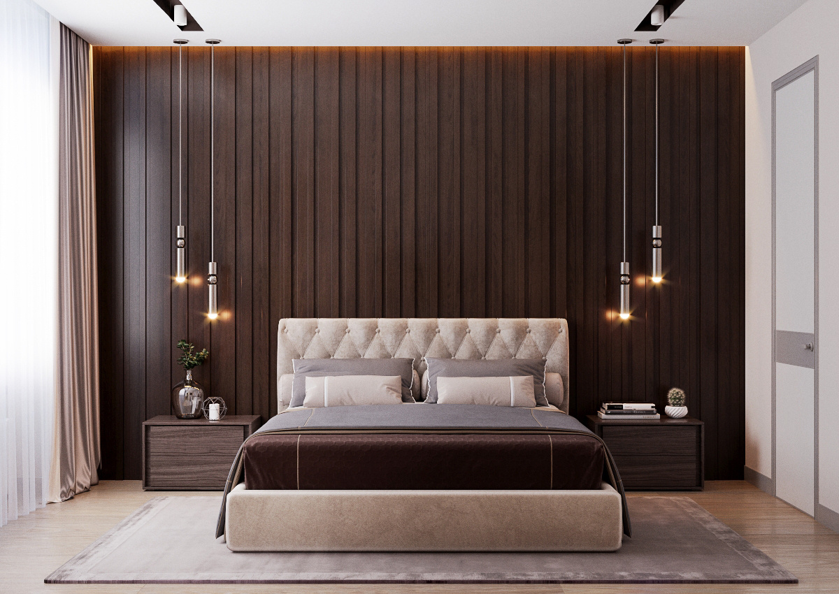 Спальня с деревянными панелями