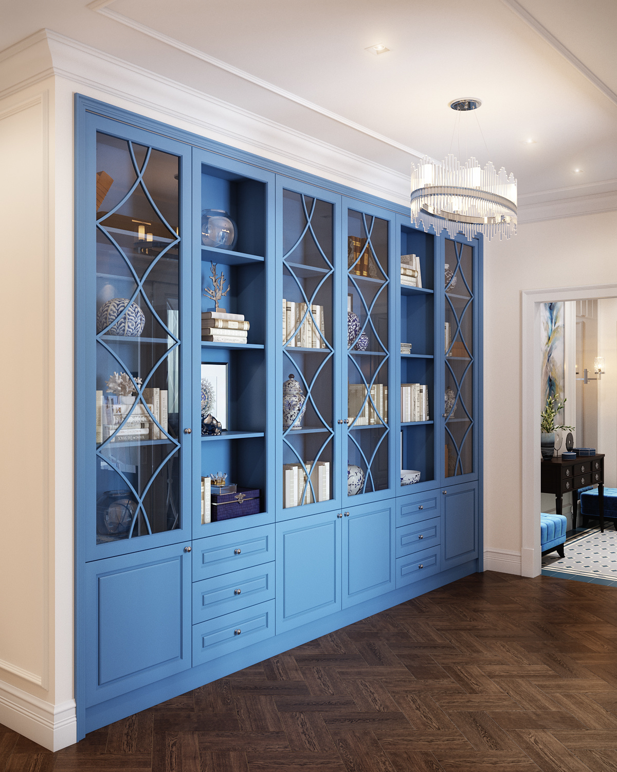 Синий книжный шкаф в холле