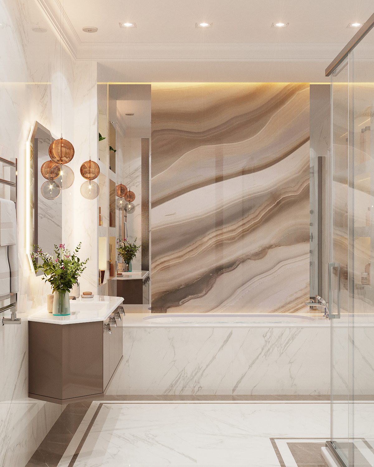 Крупноформатный керамогранит в интерьере ванной