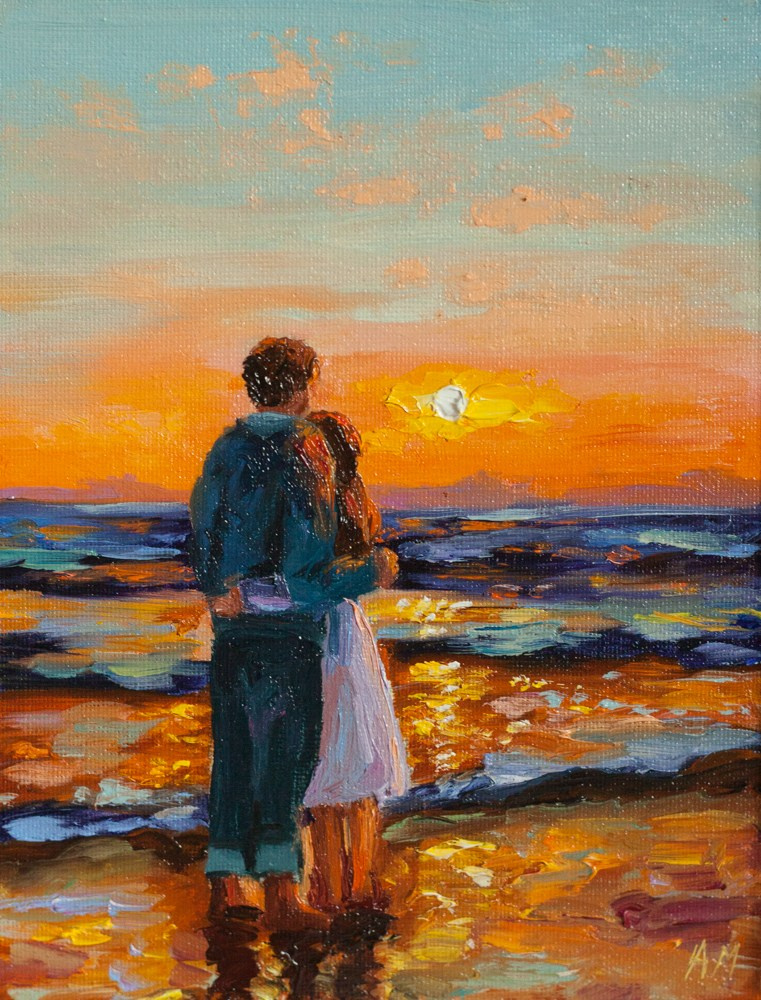 Влюбленная пара на берегу моря. Купить картину маслом на холсте в Саратове