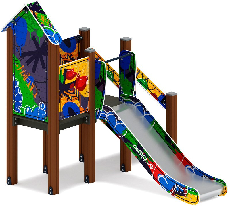 Горка с домиком - ИО 41.01.05-03 - (Граффити) H=900 Габариты (ШхДхВ): 2400x2500x2400 Зона безопасности, мм: 5400х6000 Скат горки: H=900 (металлический скат) Возрастные ограничения от 3 до 10 лет