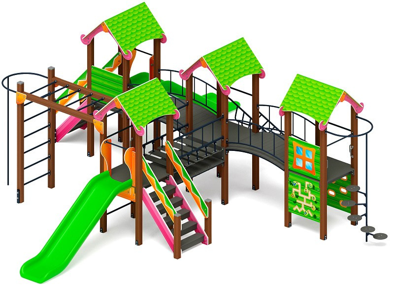 Лукоморье - ДИК 2.25.08-01 - Игровой комплекс H=1200                                                                                                                      Габариты (ШхДхВ): 8690x7970x3000                                                                                                                                                                     Зона безопасности, мм: 12690х10970                                                                                                                                                                        Скат горки: H=1200 (пластиковый скат)