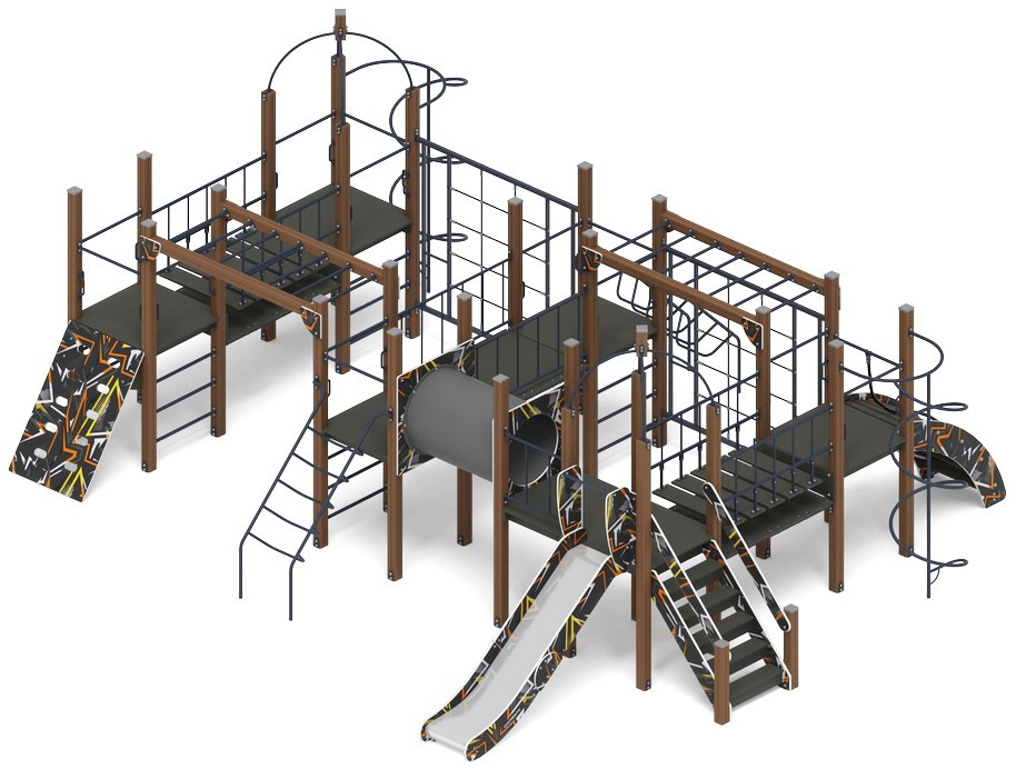 Спорт (Техно-оранжевый) - ДИК 2.06.01-02 - Игровой комплекс H=1200                                                                                                                     Габариты (ШхДхВ): 6920x8000x3280                                                                                                                                                                      Зона безопасности, мм: 10420х11000                                                                                                                                                                    Скат горки: H=1200 (металлический скат)