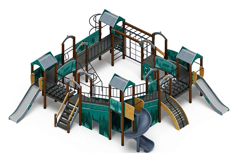 Остров детства (Тайга) - ДИК 2.01.8.02-13.И1 - Игровой комплекс H=1200 H=2000                                                                                              Габариты (ШхДхВ): 9560х9770х4000                                                                                                                                                                   Зона безопасности, мм: 13060х13270                                                                                                                                                                     Скат горки: H=1200 (металлический скат) / H=2000 (винтовой скат)