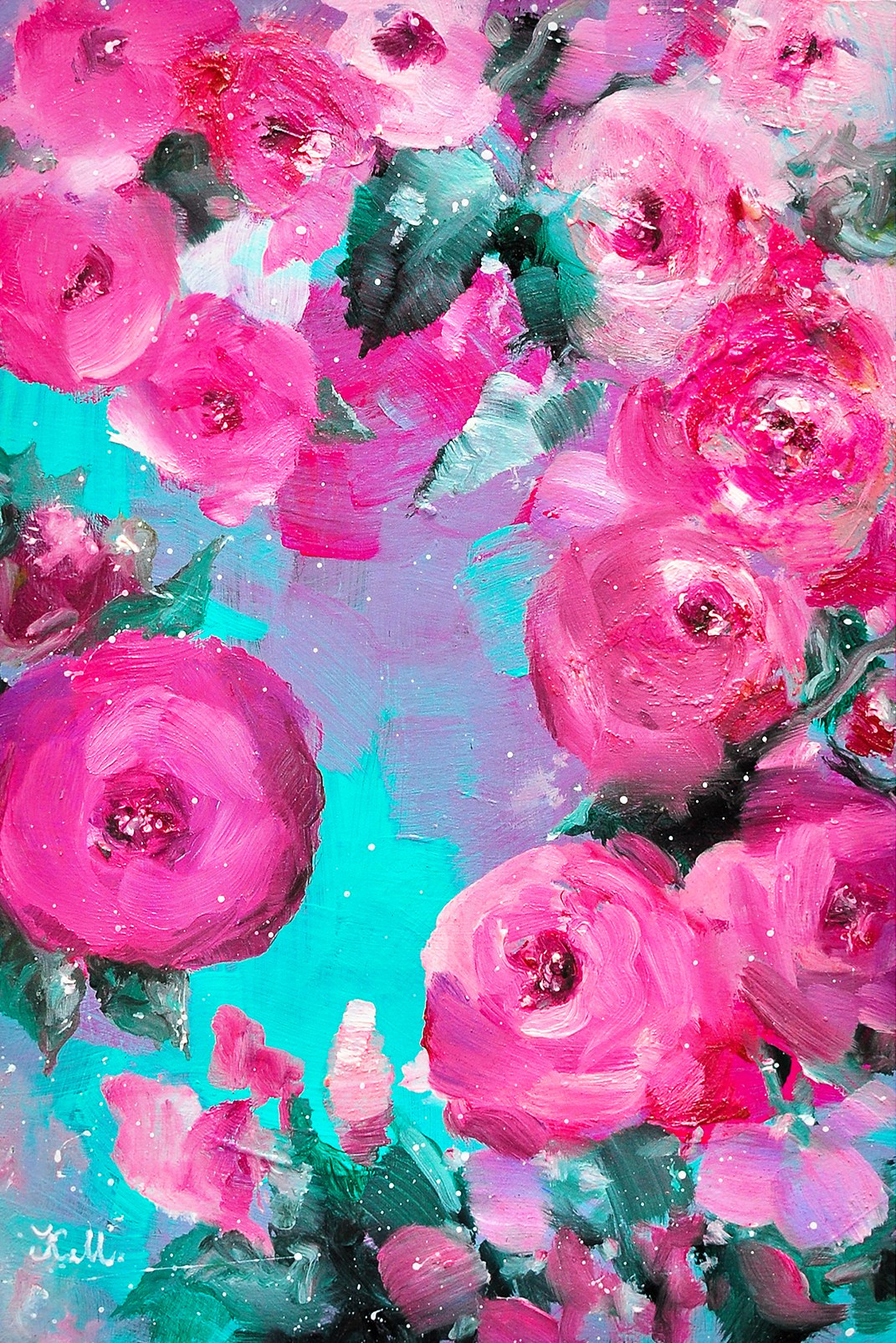 Vibrant oil painting of pink roses with teal leaves on a turquoise background. The thick brushstrokes create a lively.