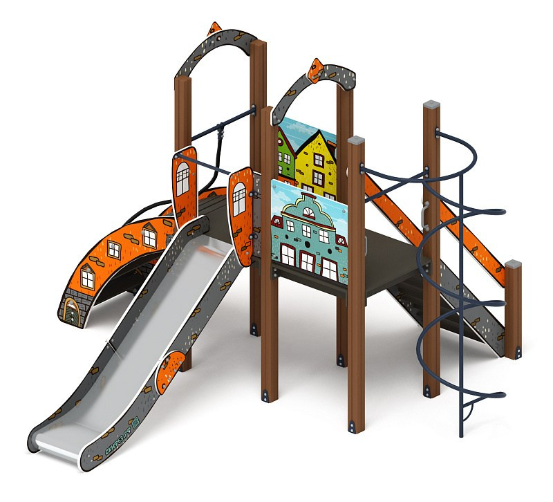 Играйте с нами (Город) - ДИК 2.01.1.02-01 - Игровой комплекс H=1200                                                                                          Габариты (ШхДхВ): 4080x4210x2800                                                                                                                                                                     Зона безопасности, мм:  7580х7210                                                                                                                                                                        Скат горки: H=1200 (металлический скат)                                                                                                                                           Возрастные ограничения от 5 до 12 лет