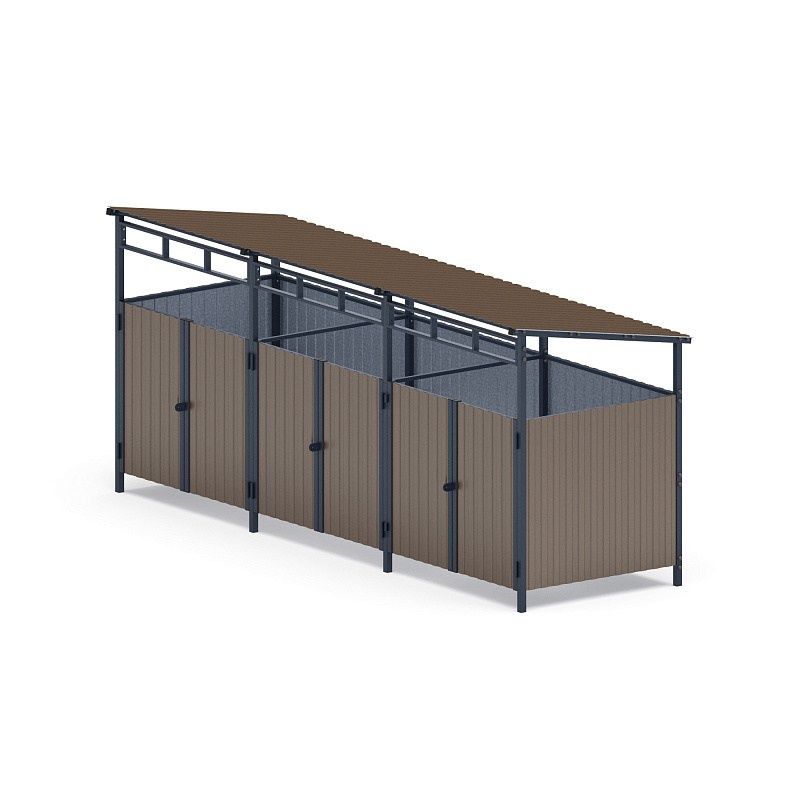 Навес контейнерной площадки для мусора (3 секции) МФ 55.02.02.3-02 Габариты (ШхДхВ): 1600х5100х2200 Зона безопасности, мм: 4600х8100