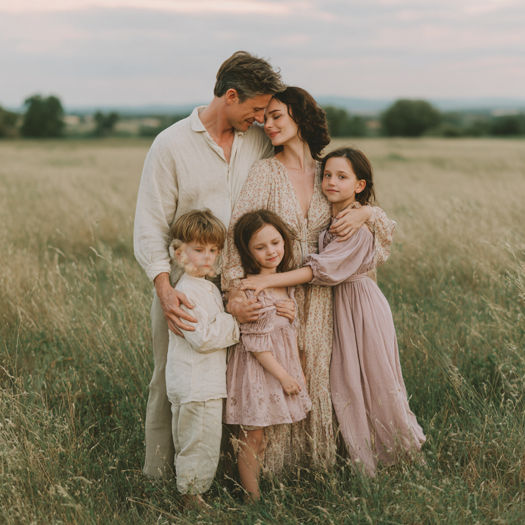 Семейная фотосессия на улице — прогулка семьи в поле, тёплые объятия, фотограф Карасёва Елена