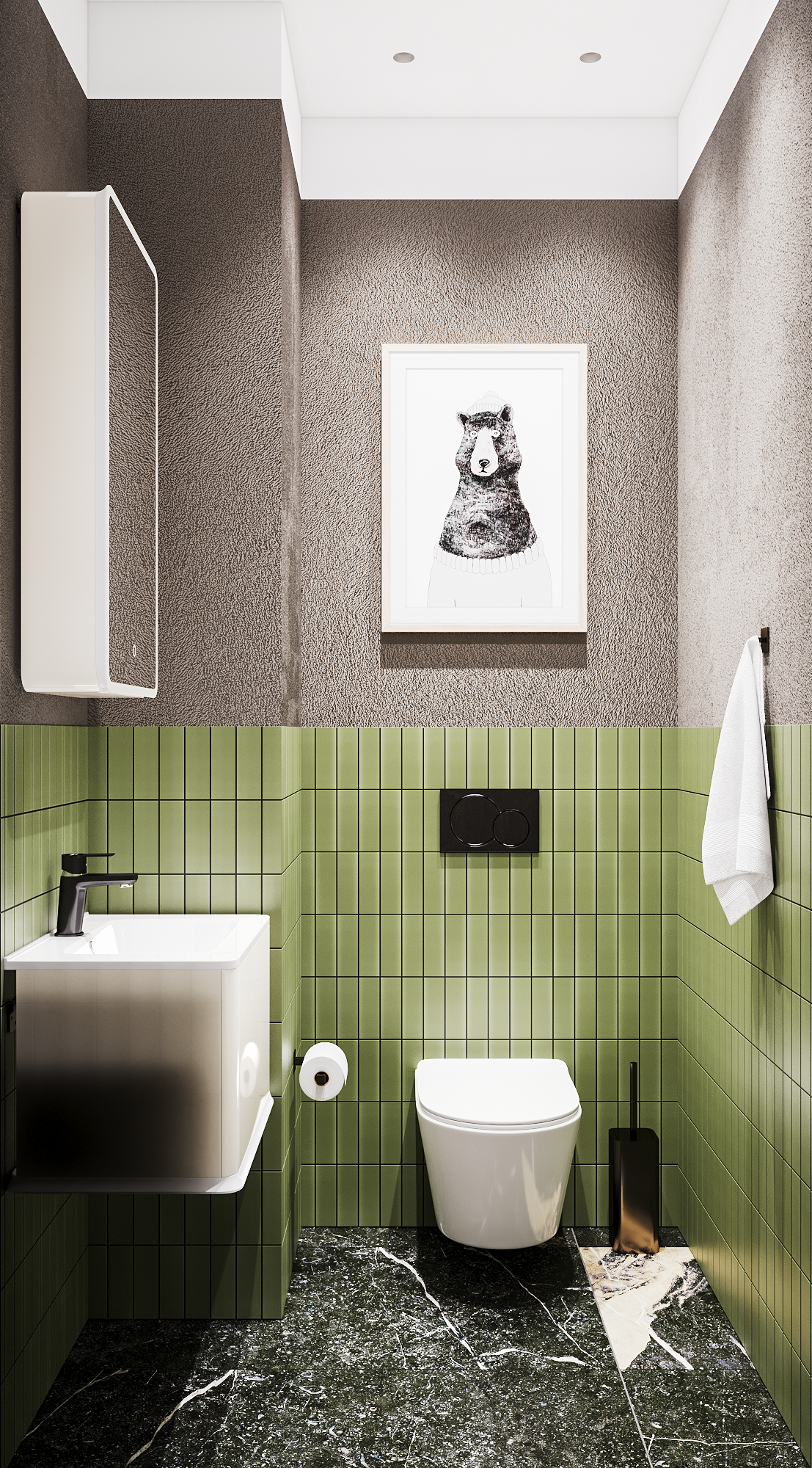 3D визуализация интерьера санузла с зелёной вертикальной плиткой, подвесным унитазом и белой раковиной