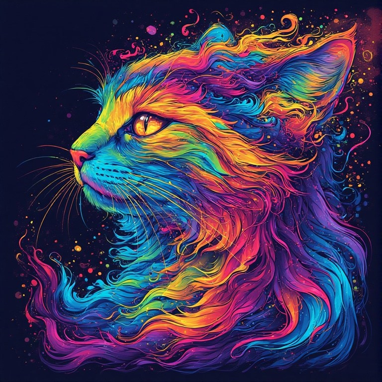 Psychedelic illustration of a cat in rainbow colors – bright abstract drawing with dynamic lines.