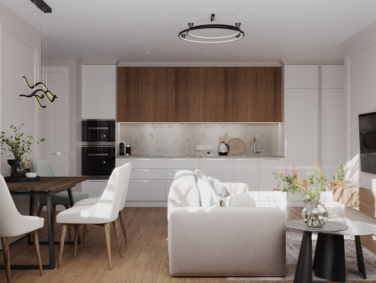 3D визуализация интерьера — Визуализация кухни-гостиной в частном доме | Москва, СПб. 3D-визуализация интерьеров и мебели | Larionova.vis — для студий и дизайнеров