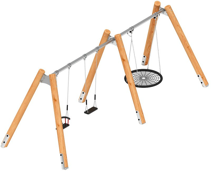 Качели (Лиственница) ИО 13.Р.05.01.03.01-Л.И2 Габариты (ШхДхВ): 6600х2250х2470 Зона безопасности, мм: 6600х7500 Возрастные ограничения от 3 лет