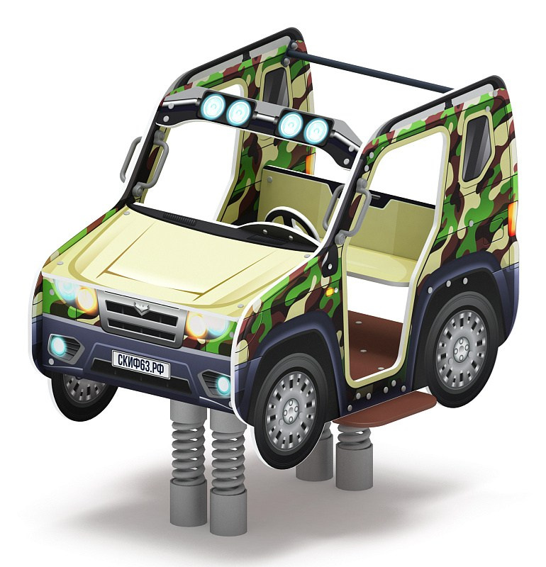 Джип Сафари - Качалка на пружине двухместная машинка - ИО 23.03.05-10 Габариты (ШхДхВ): 1600x1220x1490 Зона безопасности, мм: 3600х3220 Возрастные ограничения весом не более 70 кг