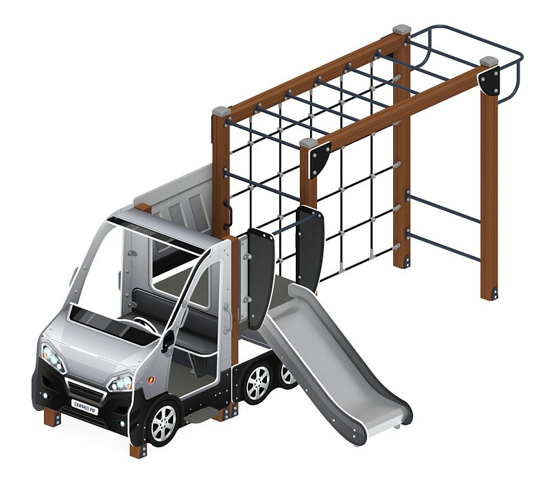 Машинка (серый) тип 2 - ДИК 1.03.1.02-02 - Игровой комплекс H=750                                                                                       Габариты (ШхДхВ): 4700x2430x2000                                                                                                                                                                     Зона безопасности, мм: 7700х5930                                                                                                                                                                        Скат горки: H=750 (металлический скат)