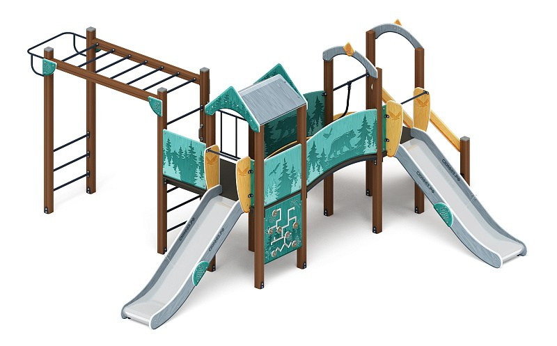 Рада (Тайга) - ДИК 2.01.2.08-33 - Игровой комплекс H=1200                                                                                                                 Габариты (ШхДхВ): 6570x6500x3000                                                                                                                                                                       Зона безопасности, мм: 100700х10000                                                                                                                                                                Скат горки: H=1200 (металлический скат)