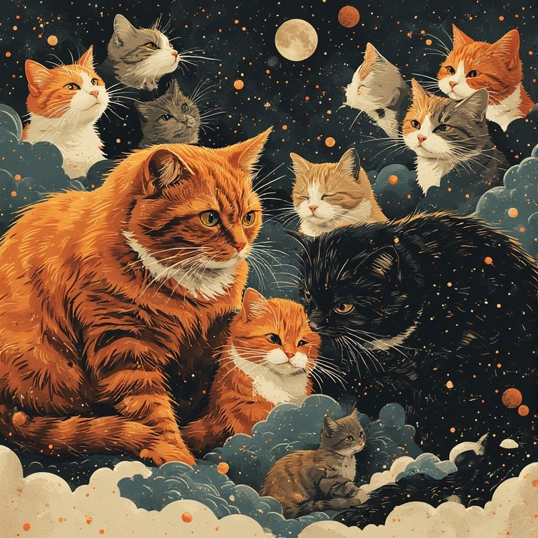 Illustration of cats under the moon – artistic artwork with fluffy cats on a starry background, atmospheric night scene.
