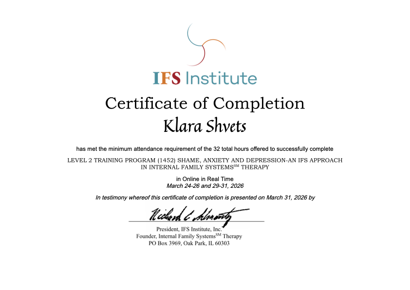Клара Швец — сертифицированный IFS-терапевт, супервизор. Психотерапия, супервизия, обучение IFS