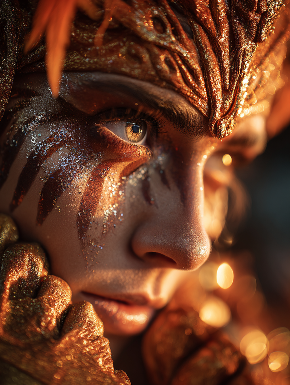 AI fashion портрет в цирковой эстетике, драматичный свет и золотой грим