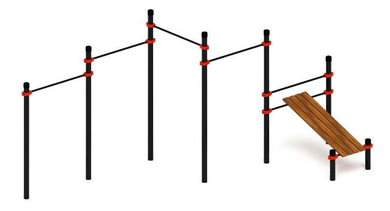 Воркаут 108 красный ВТ 12.15-01 Габариты (ШхДхВ):5600х2850х2600 Зона безопасности, мм:8600х5850 Возрастные ограничения от 14 лет, весом не более 100 кг