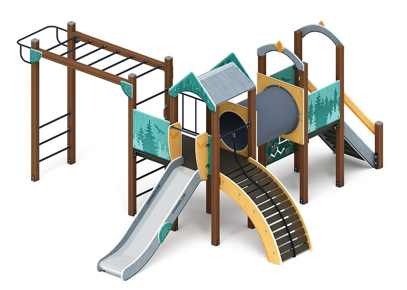 Рада (Тайга) - ДИК 2.01.2.08-23 - Игровой комплекс H=1200                                                                                                                 Габариты (ШхДхВ): 6260x5730x3000                                                                                                                                                                       Зона безопасности, мм: 9760х8730                                                                                                                                                                 Скат горки: H=1200 (металлический скат)