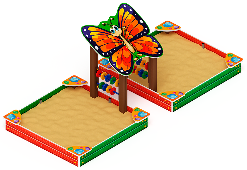 Песочница двойная с навесом Бабочка (Ракушки) - ИО 5.01.07-01 Габариты (ШхДхВ): 3900x1700x1600 Зона безопасности, мм: 4900х2700