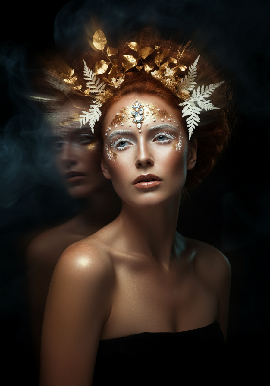 Фэнтези съёмка в стиле фэшн с двойной экспозицией в тёмной фотостудии