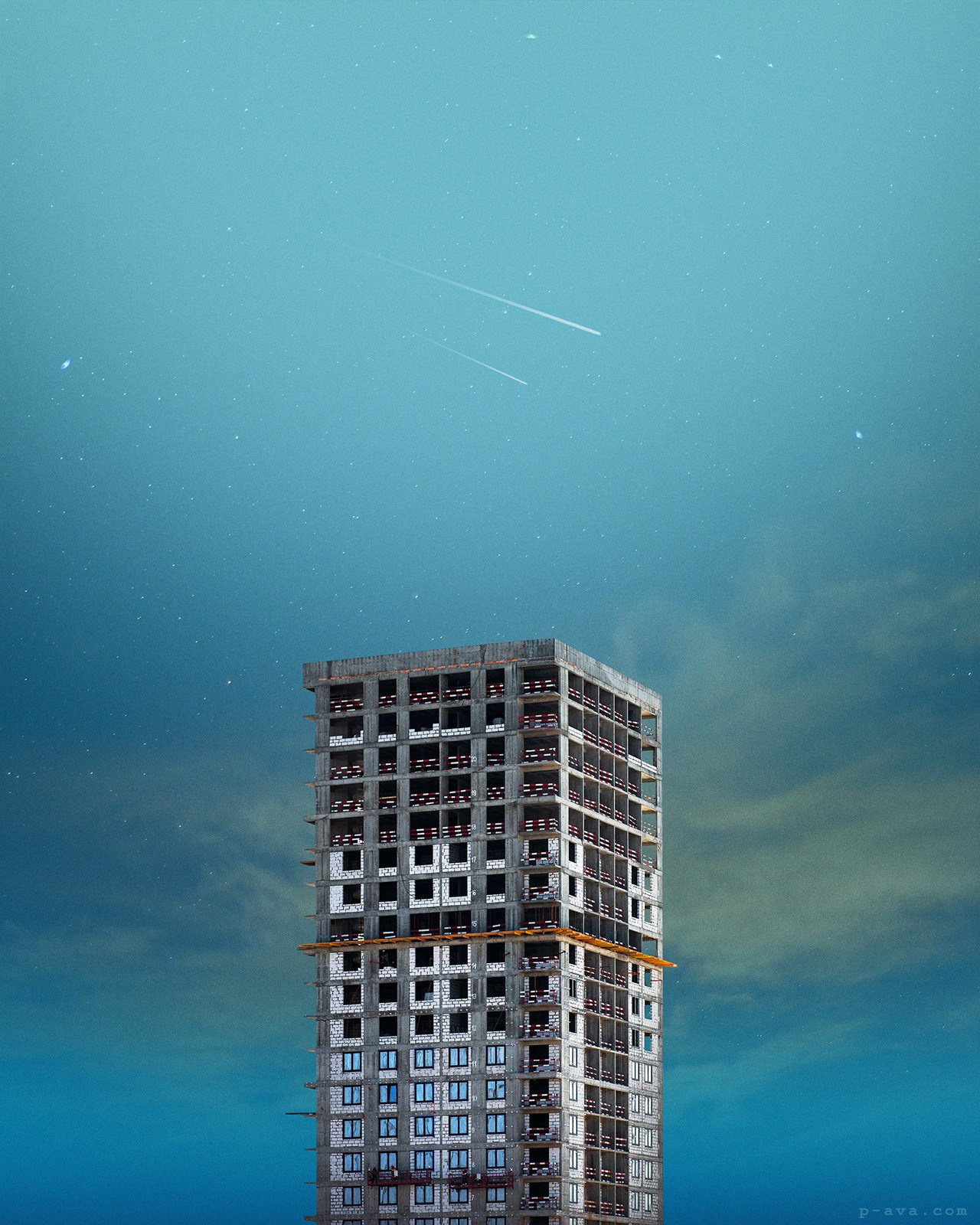 Строительство жилого дома, ЖК Лесопарковый на фоне звезд, фотограф Авакумов Павел