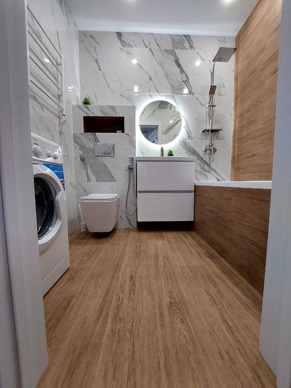 Ванная комната (ЖК Мечта, ул. Мансура Хасанова д. 13). Ремонт санузла, туалета, ванной под ключ в Казани. Укладка плитки