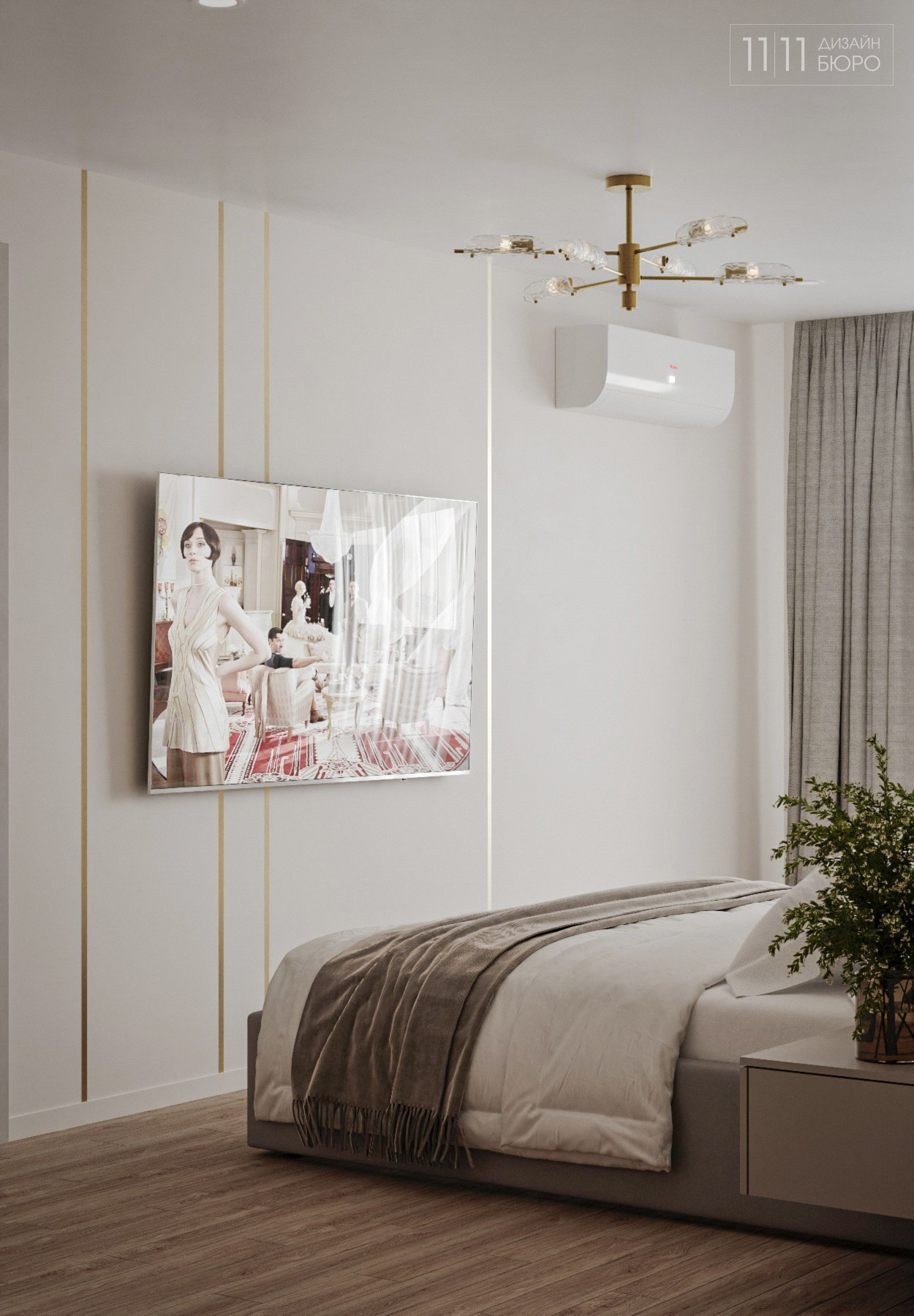 Тв-зона с латунными молдингами в спальне, люстра freya