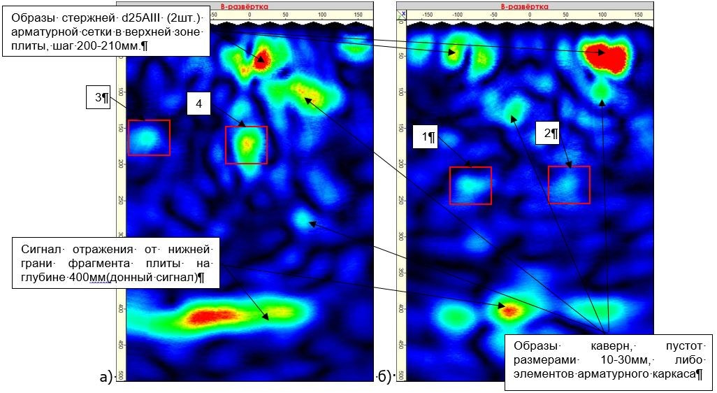 Поиск внутренних дефектов в бетоне монолитной железобетонной фундаментной плиты ультразвуковым  эхометодом (метод ультразвуковой эхо-томографии). B-томограмма (B-скан)