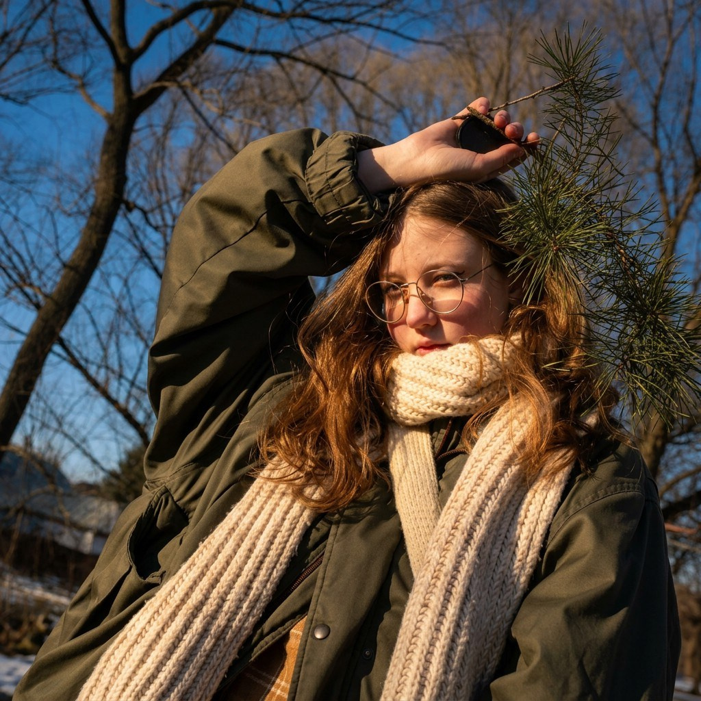 Весенний портрет девушки с еловыми ветками при естественном свете на фоне безоблачного голубого неба