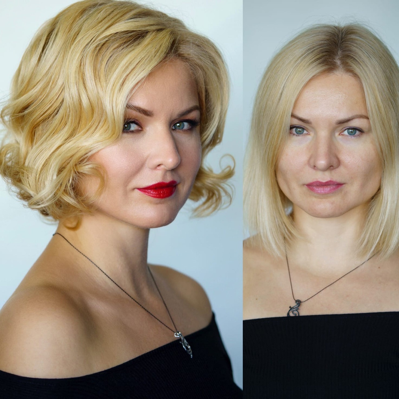 современная ретро укладка на карэ и возрастной макияж с красной помадой  с подаче  до после 