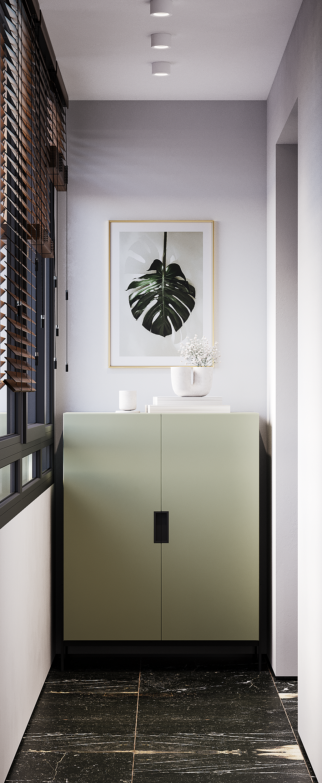 Декоративная зона с зелёным комодом, постером и белой вазой, стоящими на мраморном полу