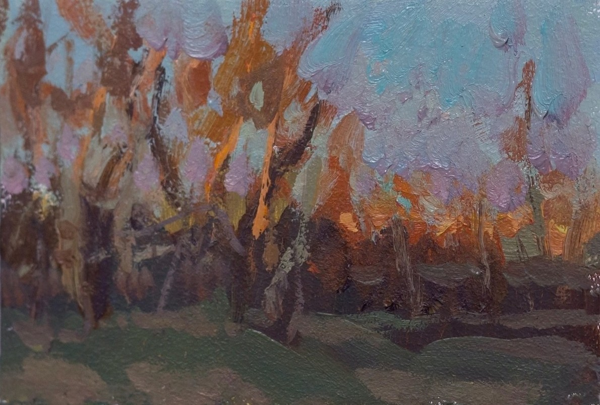 Уходящие лучи апрельского солнца. этюд. Художник Александр Каверин