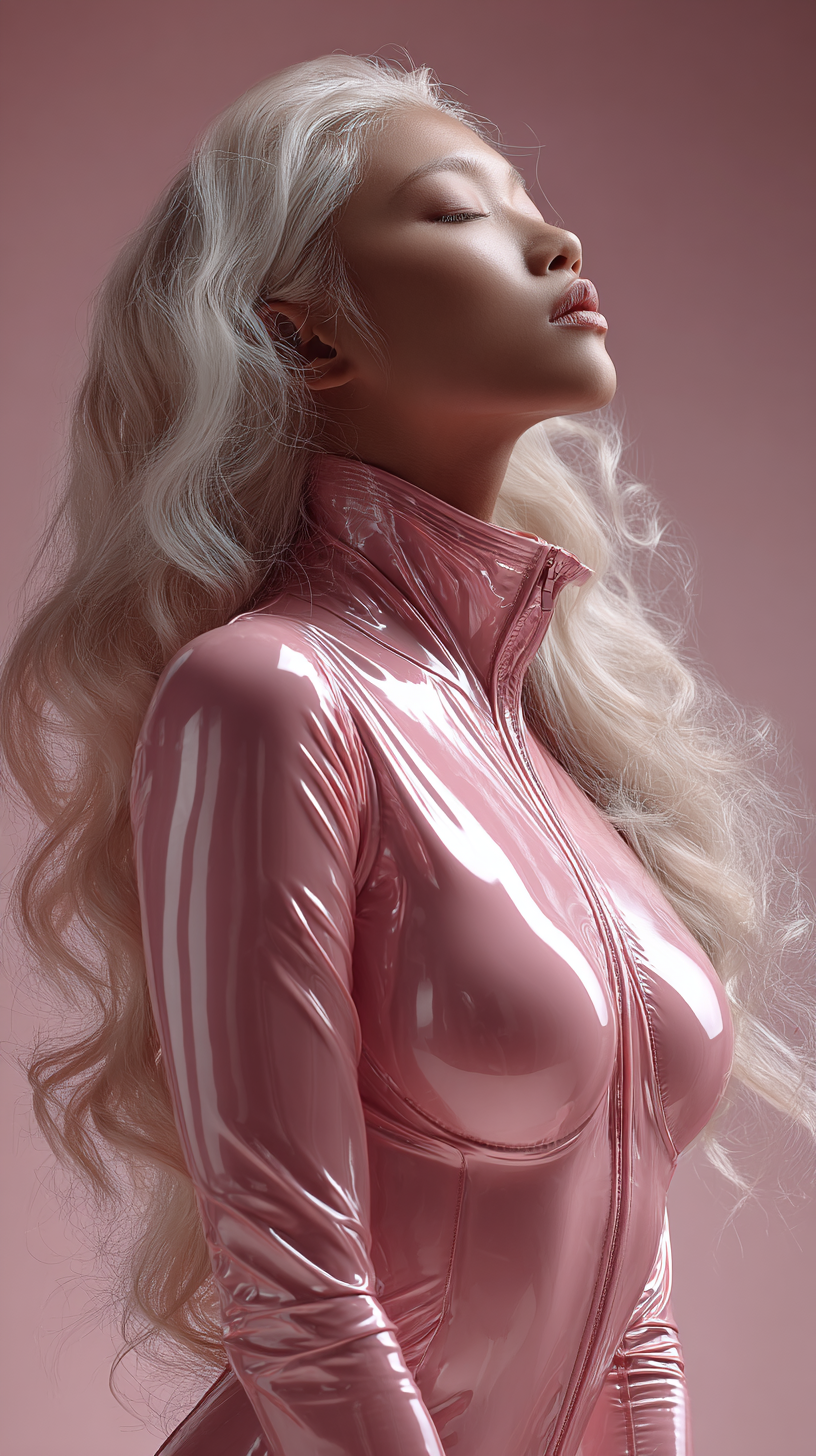 AI-фото блондинки в розовом латексном костюме сидящей на полу, нейро-контент для fashion editorial Pink Mood, AI-визуал авангардная розовая съёмка