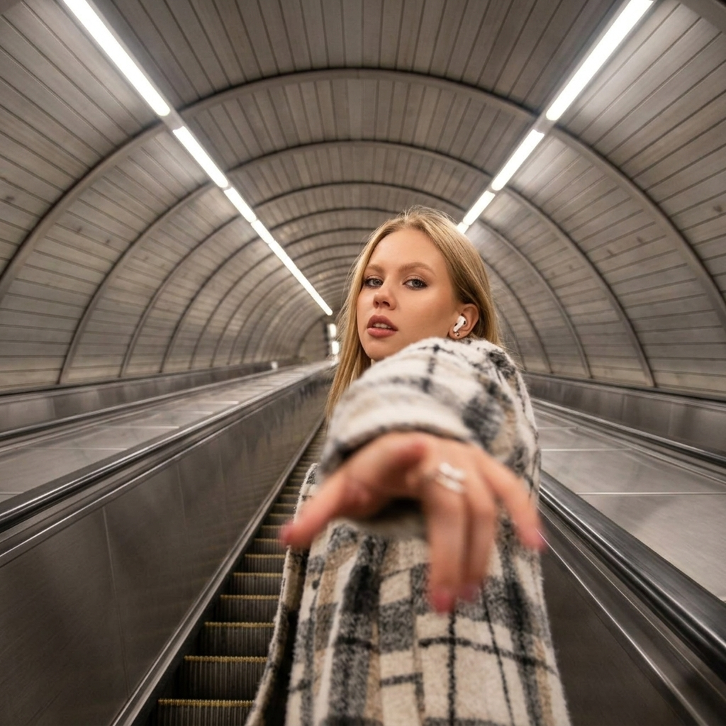 Фотосъёмка девушки в московском метрополитене на эскалаторе