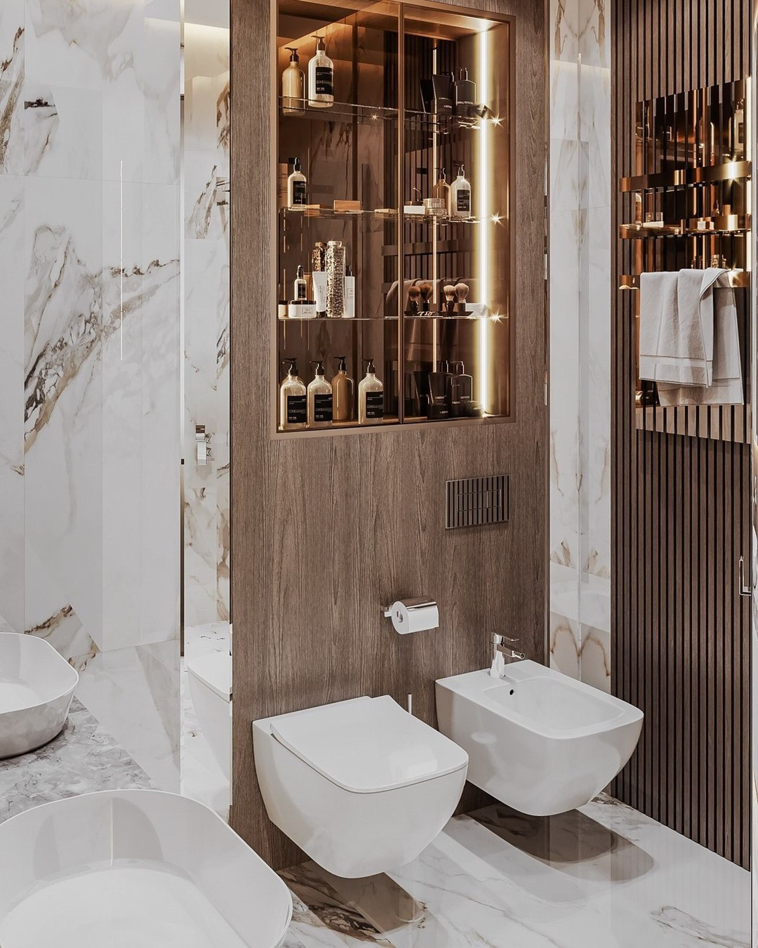 Санузел в отделке под мрамор и дерево с подсветкой и нишей для косметики | Валерия Котович