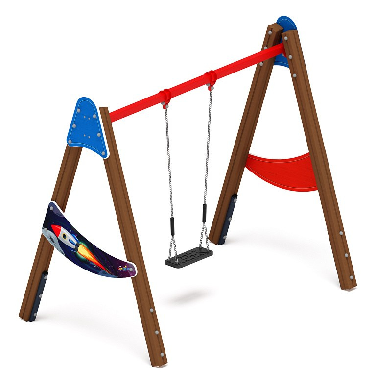 Качели Д1 - ИО 11.Д.03.02-П - (Космопорт) Габариты (ШхДхВ): 2450x1600x2230 Зона безопасности, мм: 2450х6950 Возрастные ограничения от 3 лет, весом не более 70 кг