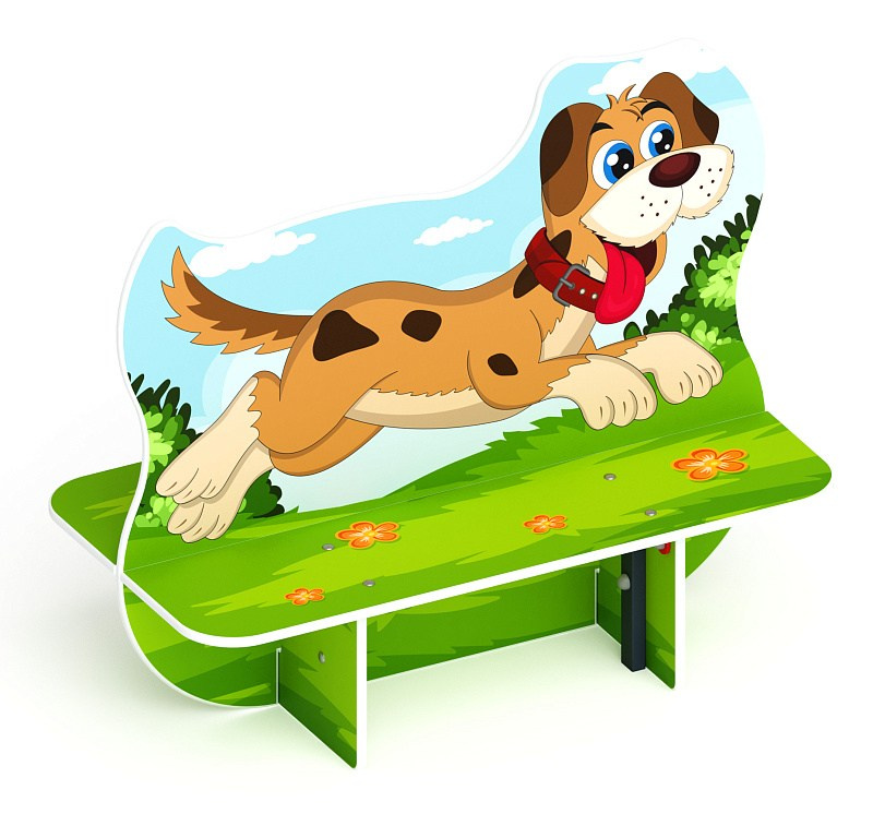 Пес - Скамейка детская - МФ 41.01.02 Габариты (ШхДхВ): 1180x620x1040 мм Зона безопасности, мм: 2180х1620 Возрастные ограничения от 3 лет 