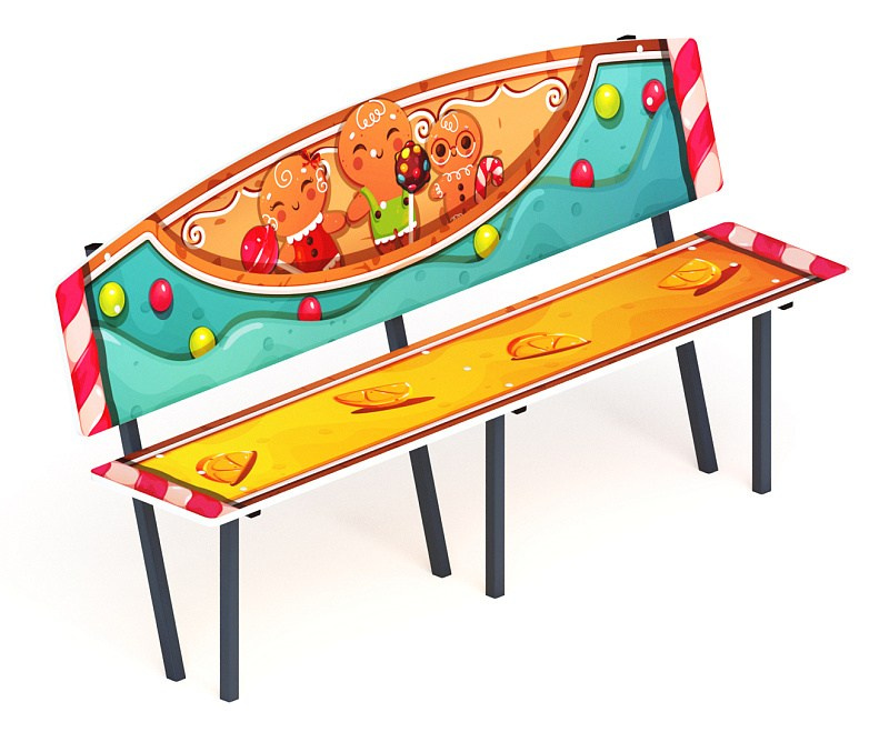 Скамейка детская Пряничный домик - МФ 41.01.01-04.И1 Габариты (ШхДхВ): 1840x480x1000 мм Зона безопасности, мм: 2840х1480 Возрастные ограничения от 3 лет 