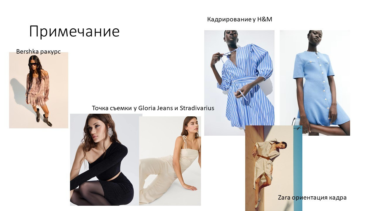 На изображении представлены примеры различных стилей кадрирования в фотографии. В верхней части изображения находится слово "Примечание", а под ним расположены четыре фотографии с подписями, описывающими стиль кадрирования:"Bershka ракурс" - фотография девушки в розовом платье, сделанная с нижнего ракурса."Кадрирование у H&M" - фотография девушки в полосатом платье, сделанная с верхнего ракурса."Точка съемки у Gloria Jeans и Stradivarius" - фотография девушки в белом платье, сделанная с бокового ракурса."Zara ориентация кадра" - фотография девушки в голубом платье, сделанная с фронтального ракурса.Каждая фотография демонстрирует разные подходы к кадрированию, что позволяет зрителю увидеть, как различные ракурсы и ориентация кадра могут влиять на восприятие изображения.