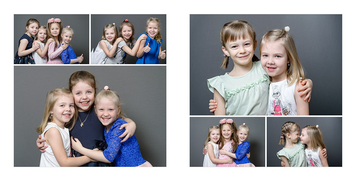 Несколько фото с друзьями на сером фоне собраны в коллаж на разворот фотокниги.