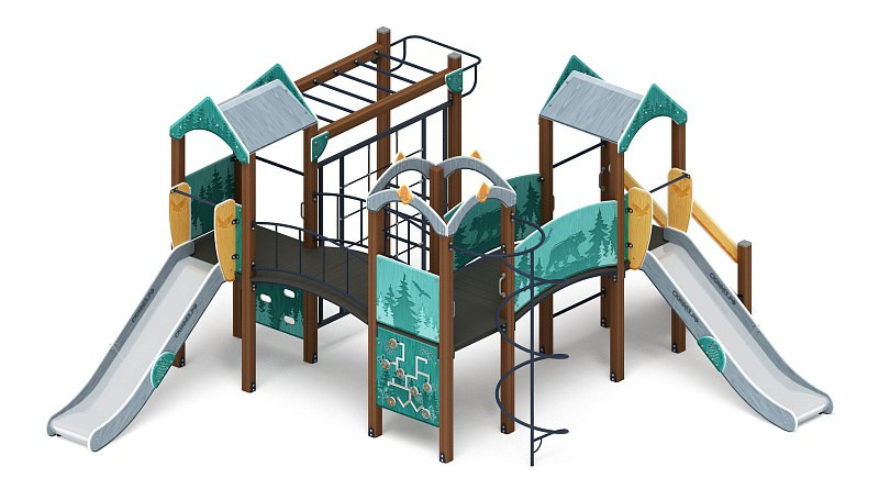 Городок (Тайга) - ДИК 2.01.3.01-03 - Игровой комплекс H=1200                                                                                                             Габариты (ШхДхВ): 6570x5600x3000                                                                                                                                                                      Зона безопасности, мм: 10700х9100                                                                                                                                                                                 Скат горки: H=1200 (металлический скат)