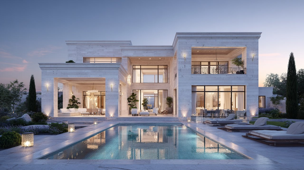 Рендер современного особняка с большими панорамными окнами и открытым бассейном на переднем дворе