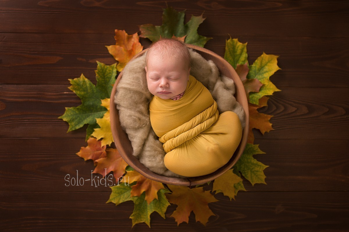 Новорожденный мальчик в осенних листьях